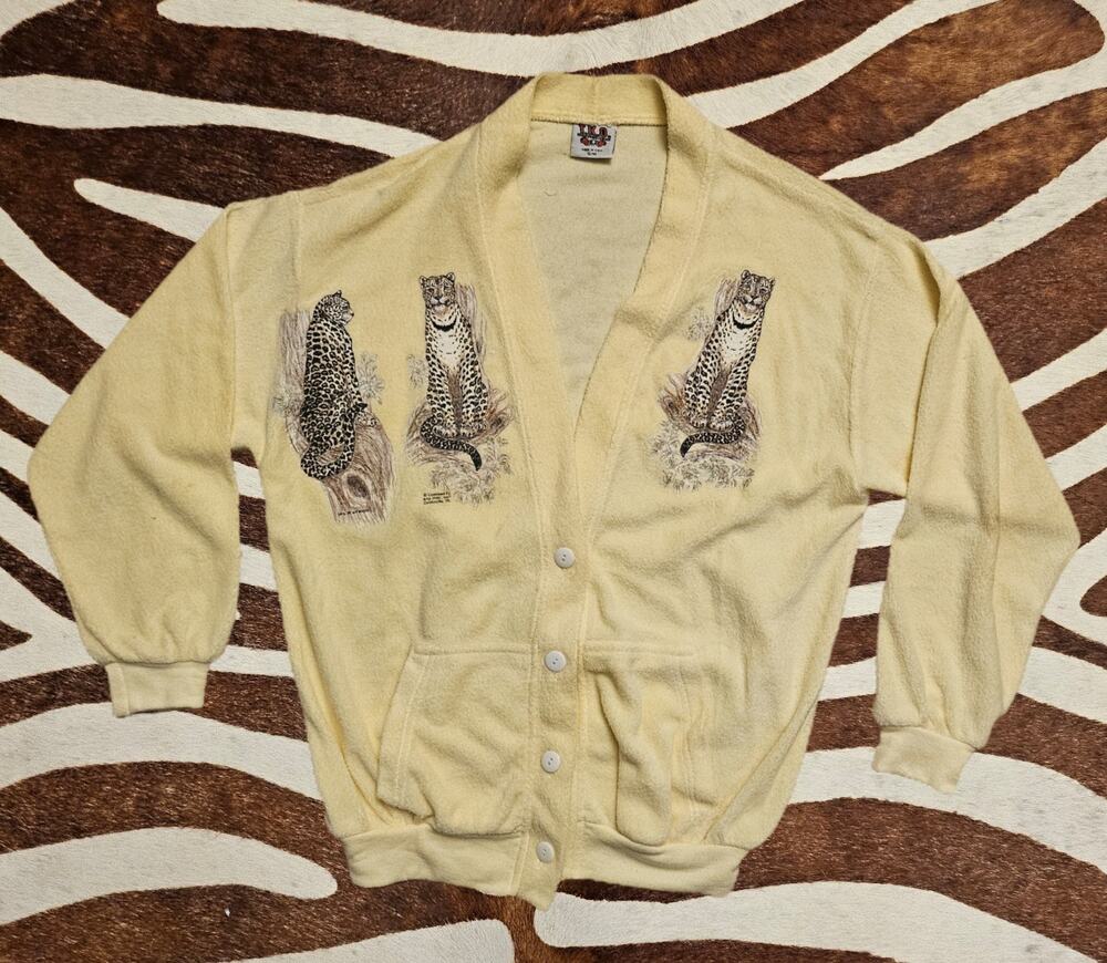 Vintage TKO Sportswear Terry cloth Cardigan Big Cat Cheetah Graphic USA Sz S/M